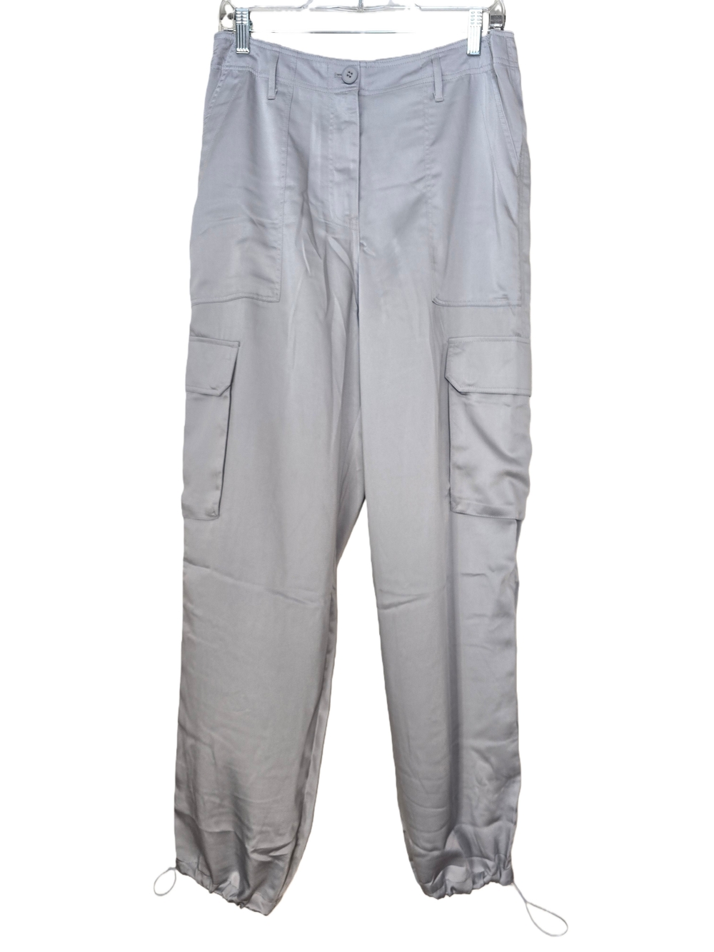 Olivaceous Light Gray Satin Cargo Pants with Drawstring Ankles